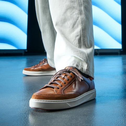 Code Tie men's shoe in dark tan leather, side profile view | Shop Code Tie
